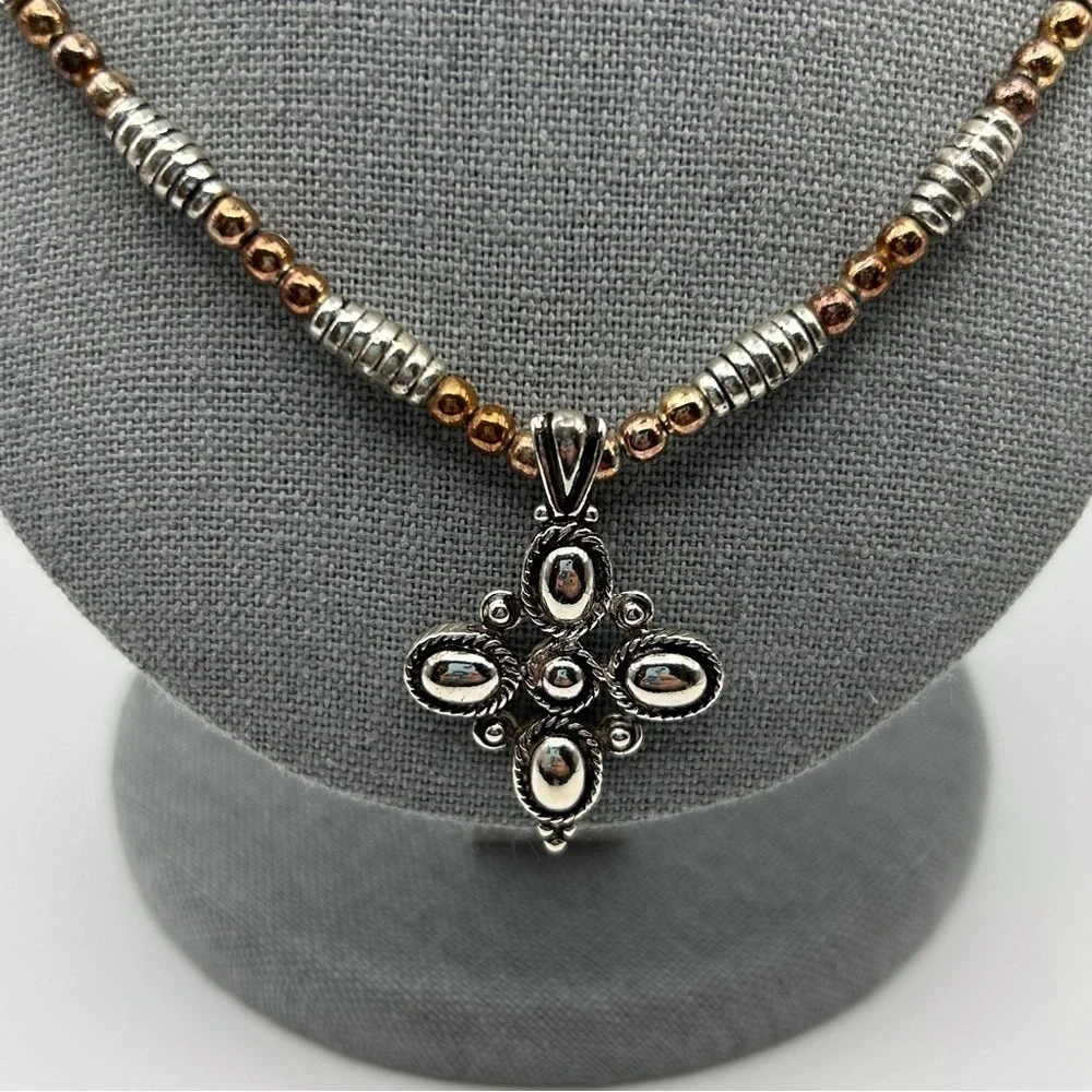 Vintage Napier Silver Tone Spiral Beaded with Bronze Beads Cross Flower Necklace